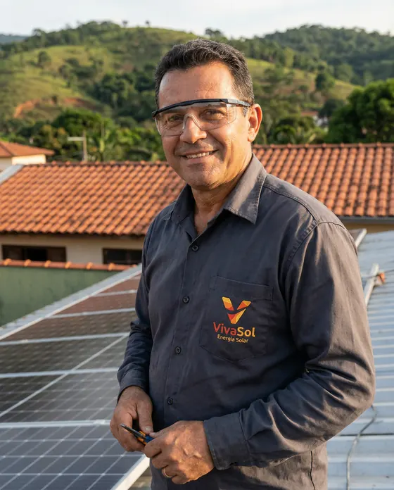 Engenheiro da VivaSol com uniforme e óculos de proteção diante de painéis solares